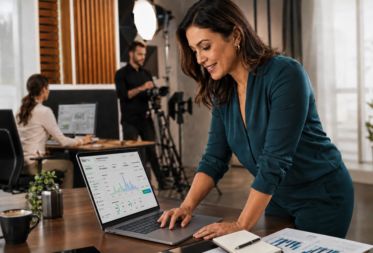 Empresária usando o painel Skill Pay com a própria marca